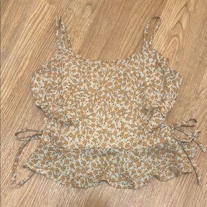 Illa Illa Small Tan & Orange Ditsy Floral Print Chiffon Tank Top Cutouts Strappy